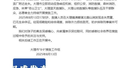 大理苍山走失8岁男童找到，已无生命体征，官方通报
