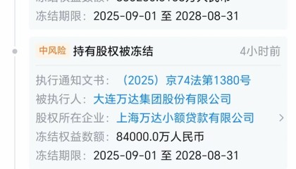 万达集团所持94亿元股权被冻结，并被执行6664.66万元