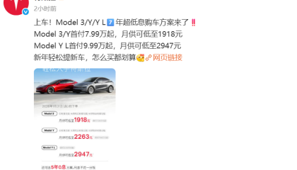 特斯拉中国推出5年0息和7年超低息购车方案，去年电动汽车销量首次被比亚迪超越