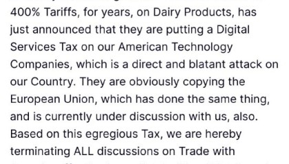 特朗普宣布立即中断与加拿大的贸易谈判 威胁对该国征收新关税