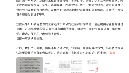 侮辱雷军、小米,一博主被判道歉并赔6万元