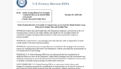 拟将加密货币当作房贷抵押品 美住房监管主管要求“两房”做好准备